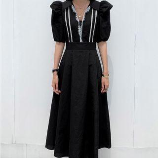 Puff-sleeve Fringed Lace Trim Midi A-line Dress