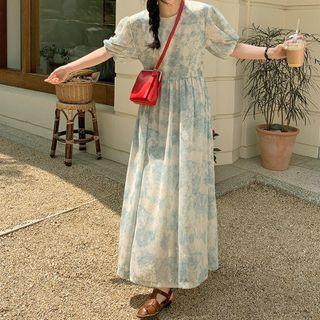 Puff-sleeve Maxi A-line Dress Floral - Blue & White - One Size