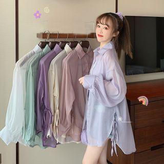 Long-sleeve Plain Drawstring Light Shirt