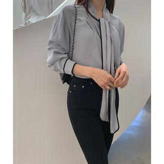 Puff-sleeve Tie-neck Blouse Grayish Blue - One Size