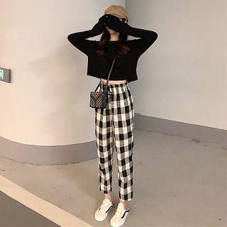Cropped Long-sleeve Top / Plaid Harem Pants