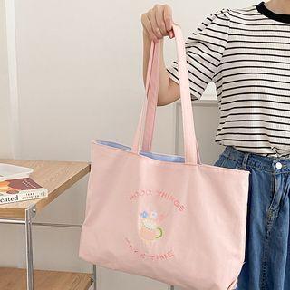 Embroidered Canvas Tote Bag Pink - One Size
