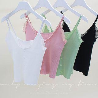 Sleeveless Laced Buttoned Rib-knit Top