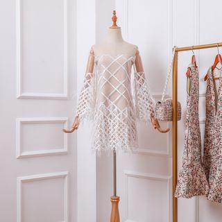 Long-sleeve Of Shoulder Mini Sheer Dress