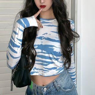 Long-sleeve Print Crop Top White - One Size