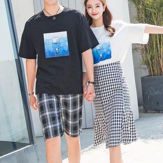 Couple Matching Set: Printed Short-sleeve T-shirt + Check Shorts / Gingham Midi Skirt