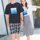 Couple Matching Set: Printed Short-sleeve T-shirt + Check Shorts / Gingham Midi Skirt
