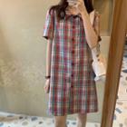 Gingham Short-sleeve Shirtdress Red - One Size
