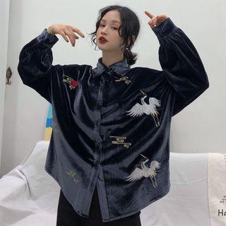 Crane Embroidered Velvet Shirt