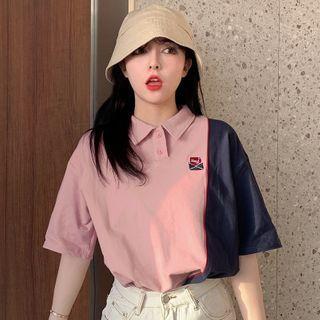 Elbow-sleeve Color-block Embroidered Polo Shirt