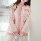 Crew-neck Wool Blend Plaid Cardigan Pink - One Size