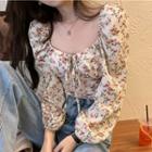 Long-sleeve Puff-sleeve Square Neck Floral Tie-strap Cropped Blouse Blouse - Almond - One Size