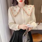 Long-sleeve Embroidered Wide Collar Blouse
