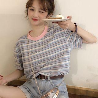 Short-sleeve Round-neck Rainbow Striped T-shirt