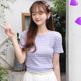 Striped Short-sleeve Bow-back Ribbed T-shirt As Shown In Figure - One Size