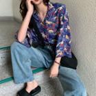 3/4-sleeve Swan Print Blouse Blue - One Size