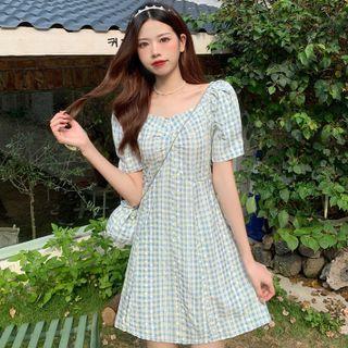 Puff-sleeve Square Neck Cutout-back Plaid Mini A-line Dress