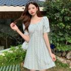 Puff-sleeve Square Neck Cutout-back Plaid Mini A-line Dress