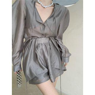 Puff-sleeve Light Blouse / High-waist Shorts