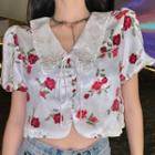 Puff-sleeve Embroidered Collar Floral Print Cropped Blouse