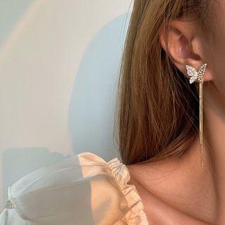 Butterfly Rhinestone Fringed Earring 1 Pair - Silver Stud - Gold - One Size