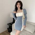 Long-sleeve Two Tone Mini Bodycon Dress Blue - One Size