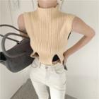 Sleeveless Turtleneck Irregular Knit Top / Plain Slim-fit Pants