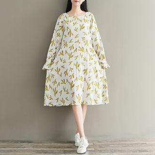 Cactus Print Long Sleeve Midi Dress