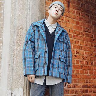 Drop-shoulder Plaid Wool Jacket