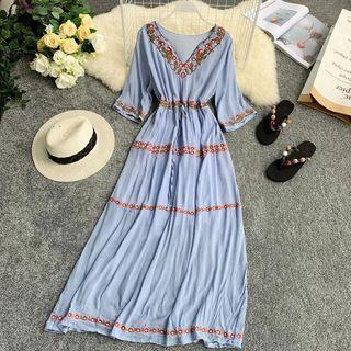 Elbow-sleeve Embroidered Maxi Sundress