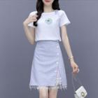 Set: Short-sleeve Floral Print T-shirt + Lace Trim Plaid A-line Skirt