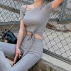 Set: Short-sleeve Knit Top + Boot Cut Pants