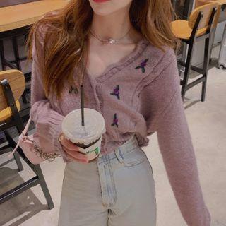 Cropped V-neck Wood Ear Trim Embroidered Cardigan Purple - One Size