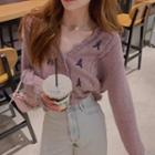 Cropped V-neck Wood Ear Trim Embroidered Cardigan Purple - One Size