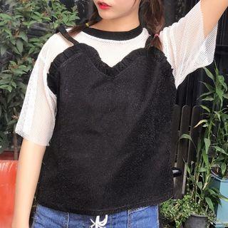 Mock Two Piece Fishnet Panel Elbow Sleeve Top
