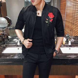 3/4-sleeve Flower Applique Light Zip Jacket