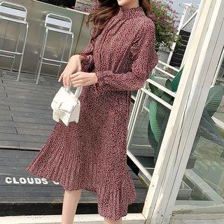 Long-sleeve Floral Midi Accordion Pleat A-line Dress