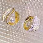 Faux Pearl Ear Stud A5-1-3 - 1 Pair - Gold & White - One Size