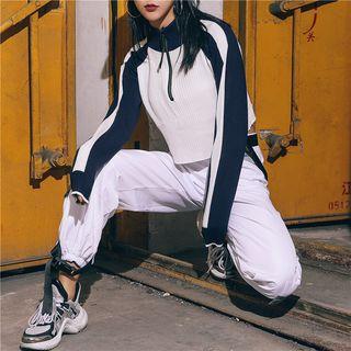Raglan Half-zip Cropped Knit Top Blue & White - One Size