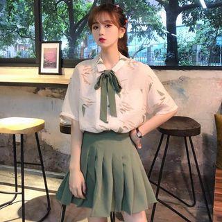 Short-sleeve Blouse+ Pleated Dress Set