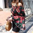 Off-shoulder Bell-sleeve Floral Crop Top