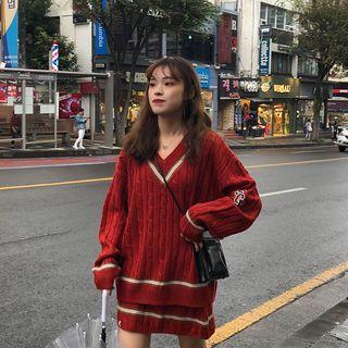 Set: V-neck Cable Knit Sweater + A-line Knit Skirt