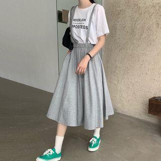 Short-sleeve Lettering T-shirt / Midi A-line Suspender Skirt