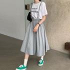 Short-sleeve Lettering T-shirt / Midi A-line Suspender Skirt