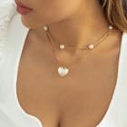 Set: Heart Faux Pearl Pendant Alloy Necklace + Faux Pearl Choker Gold - One Size