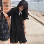 Plain Loose-fit Short-sleeve Pleated Dress