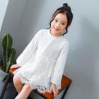 Long-sleeved Stand Collar Shirred Plain Lace Sheath Dress