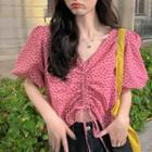 Short-sleeve Heart Print Drawstring Blouse