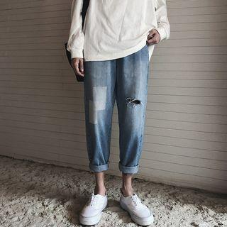 Elastic-waist Ripped Wide-leg Jeans