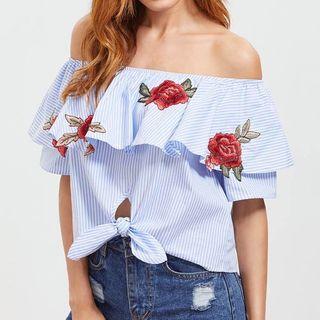 Floral Embroidered Striped Off-shoulder Short-sleeve Blouse